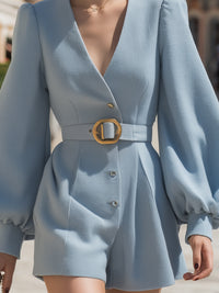 Belted Romper With Balloon Sleeves