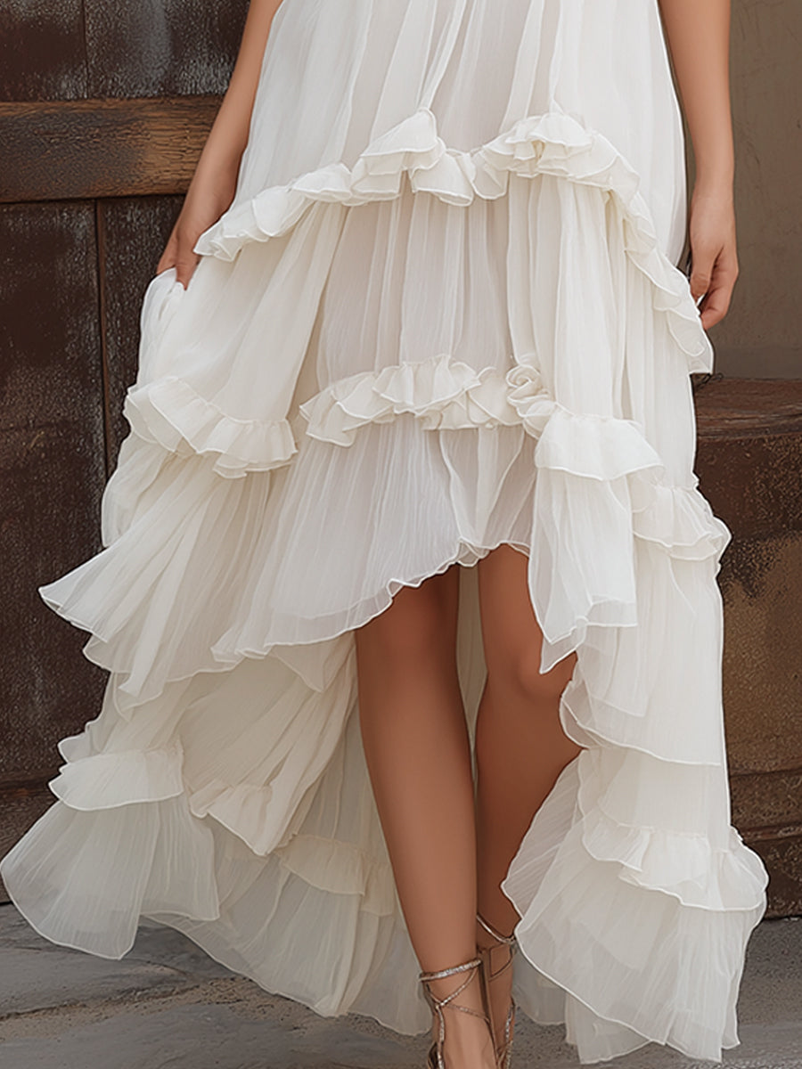 Smocked Bodice Ruffle High-Low Maxi Dress