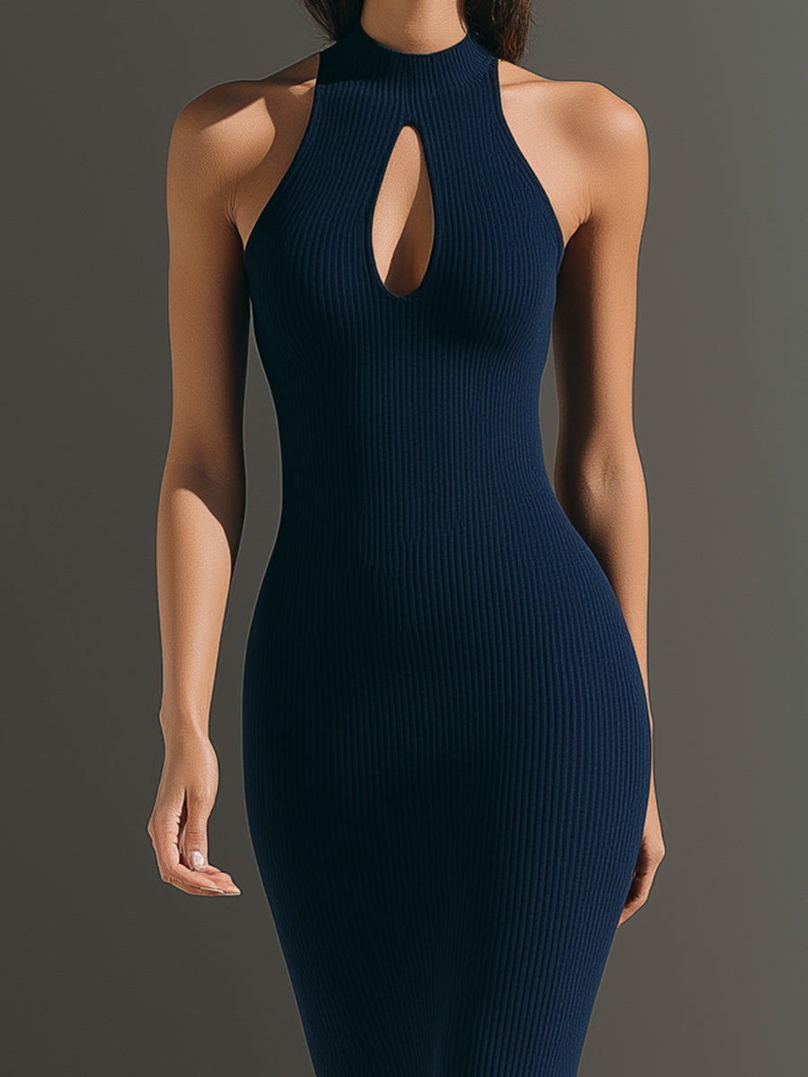 Ribbed Halter Midi Dress With Front Keyhole Detail