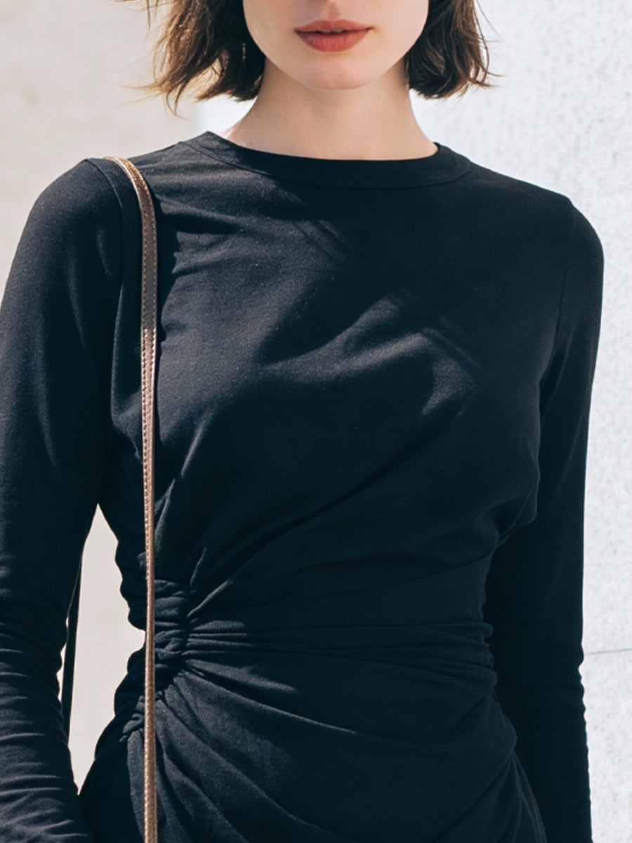 Black Ruched Long-Sleeve Mini Dress