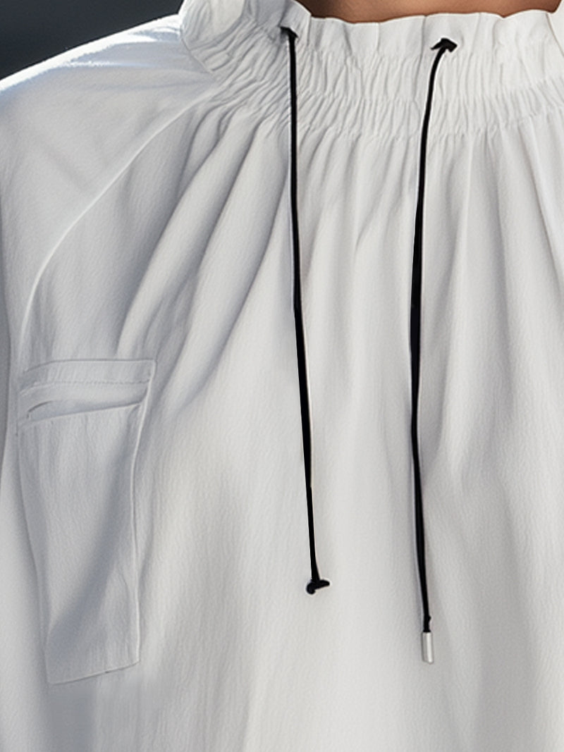 Relaxed Drawstring Collar Long-Sleeve Blouse