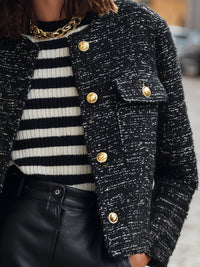 Black Tweed Cropped Jacket With Gold-Tone Buttons