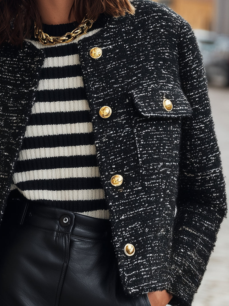 Black Tweed Cropped Jacket With Gold-Tone Buttons