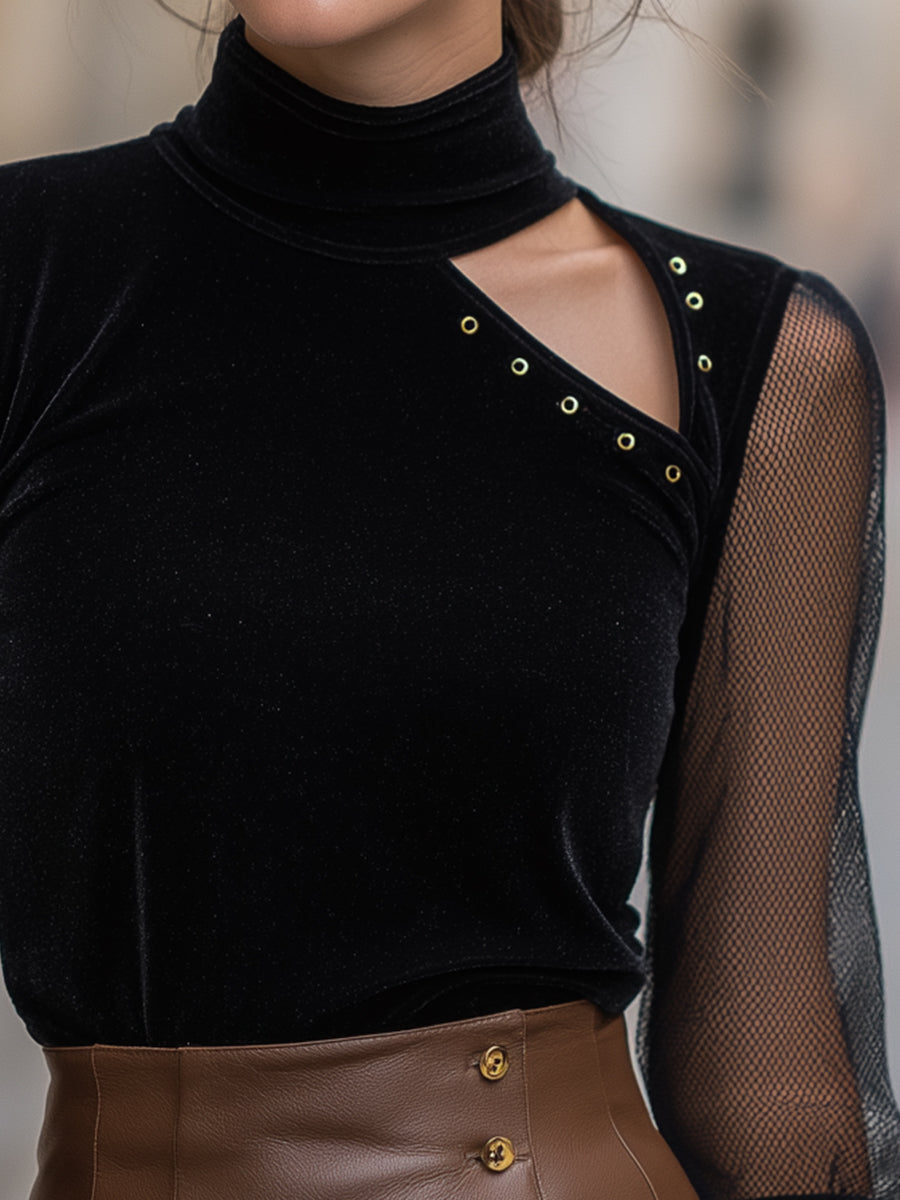 Black Velvet Mesh Sleeve Top With Asymmetric Cutout