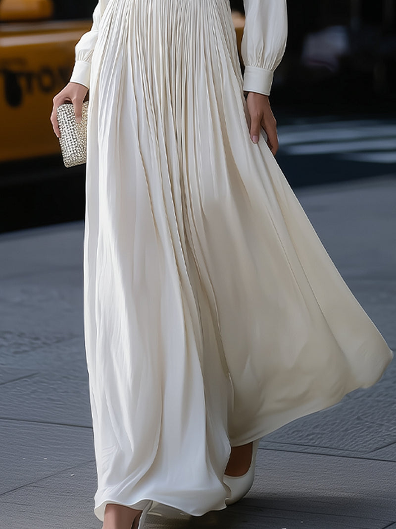 Ivory Pleated Maxi Dress With High Neckline