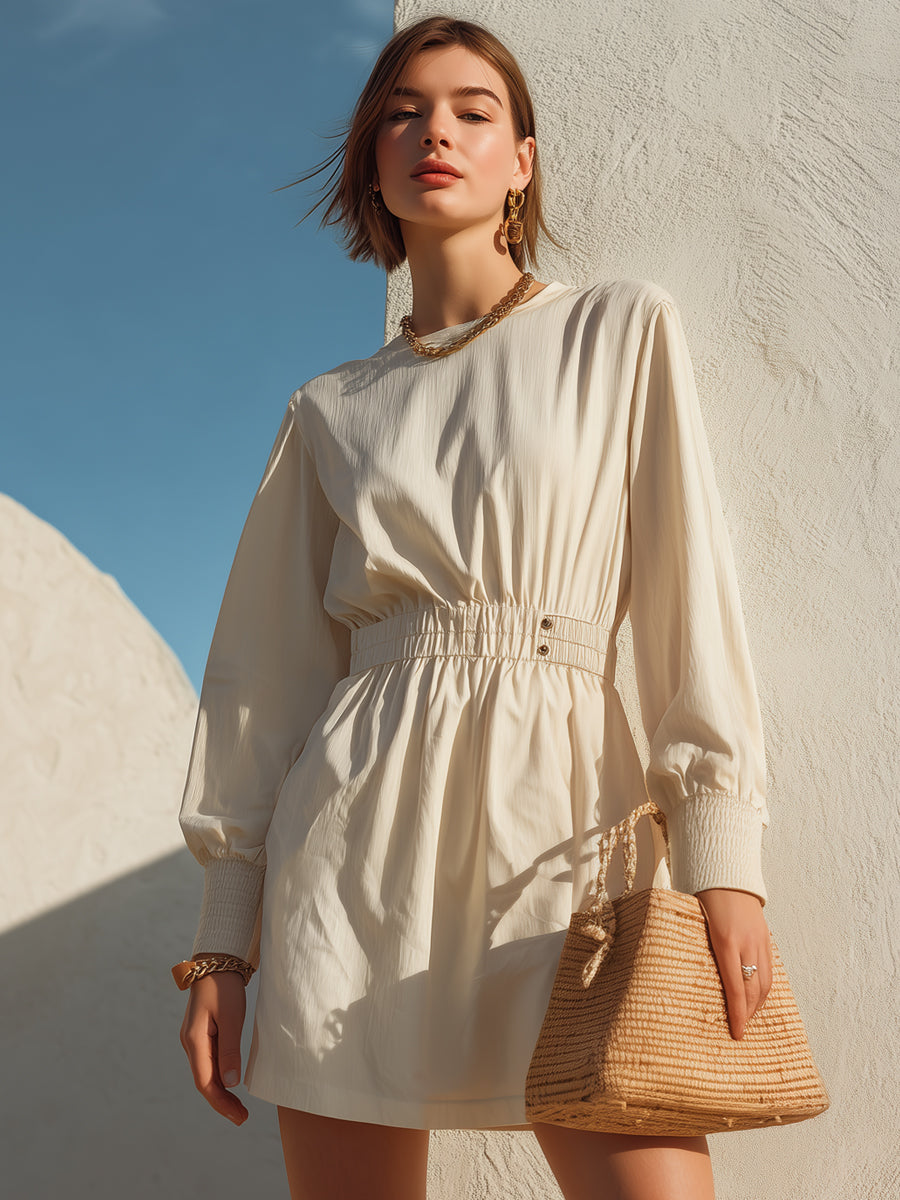 Elastic-Waist Long Sleeve Mini Dress In Soft Ivory