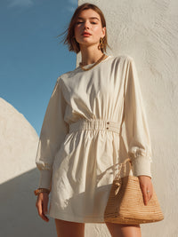 Elastic-Waist Long Sleeve Mini Dress In Soft Ivory