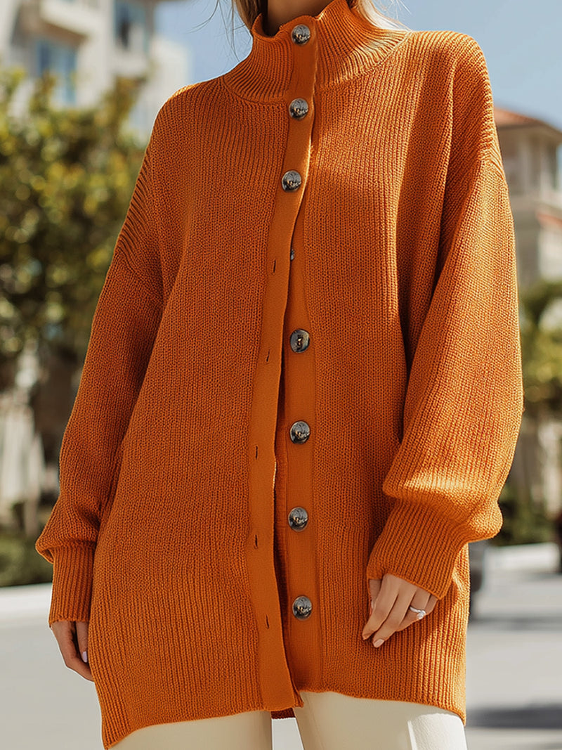 Pumpkin Orange Turtleneck Button-Down Cardigan