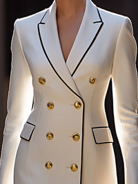 White Double-Breasted Blazer Dress With Black Piping