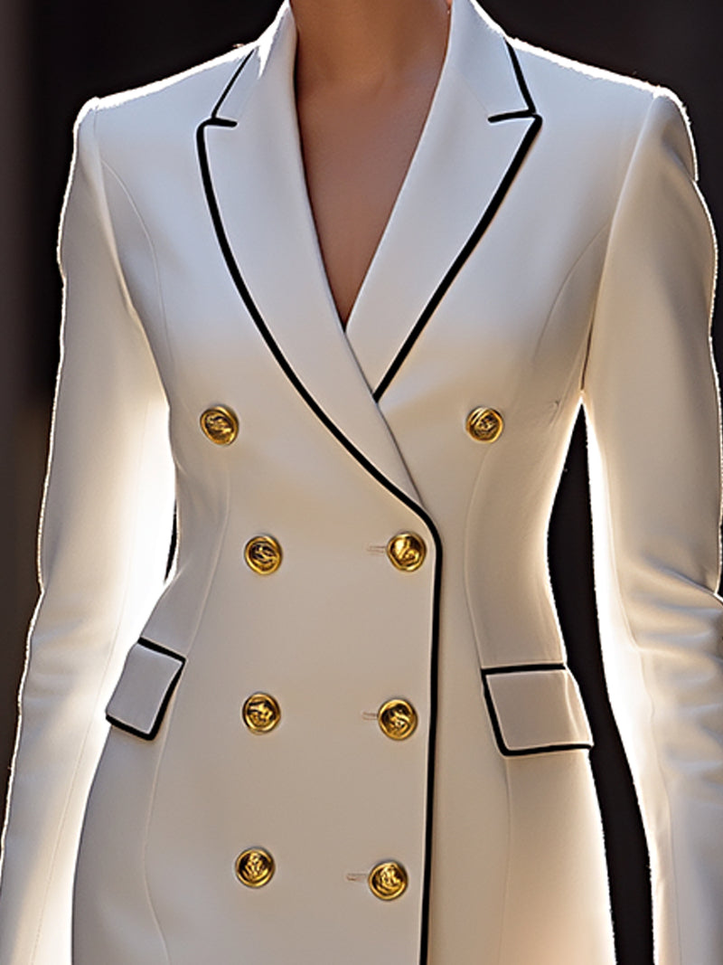White Double-Breasted Blazer Dress With Black Piping