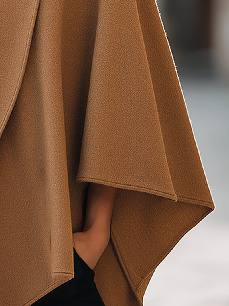 Camel Asymmetric Wool Cape With Button Detail