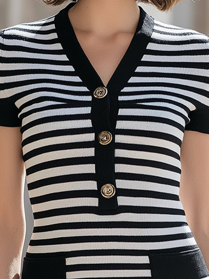 Striped V-Neck Button-Front Knit Midi Dress