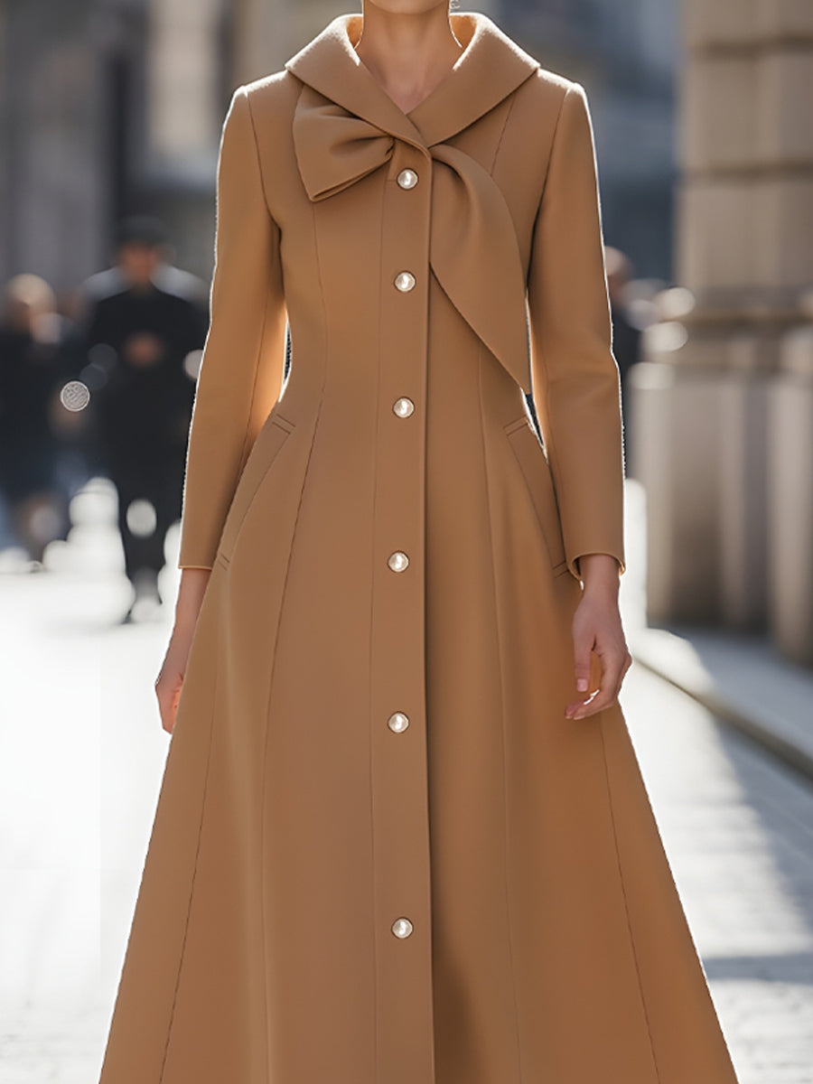 Camel Midi Coat Dress With Oversized Bow Collar