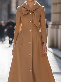 Camel Midi Coat Dress With Oversized Bow Collar