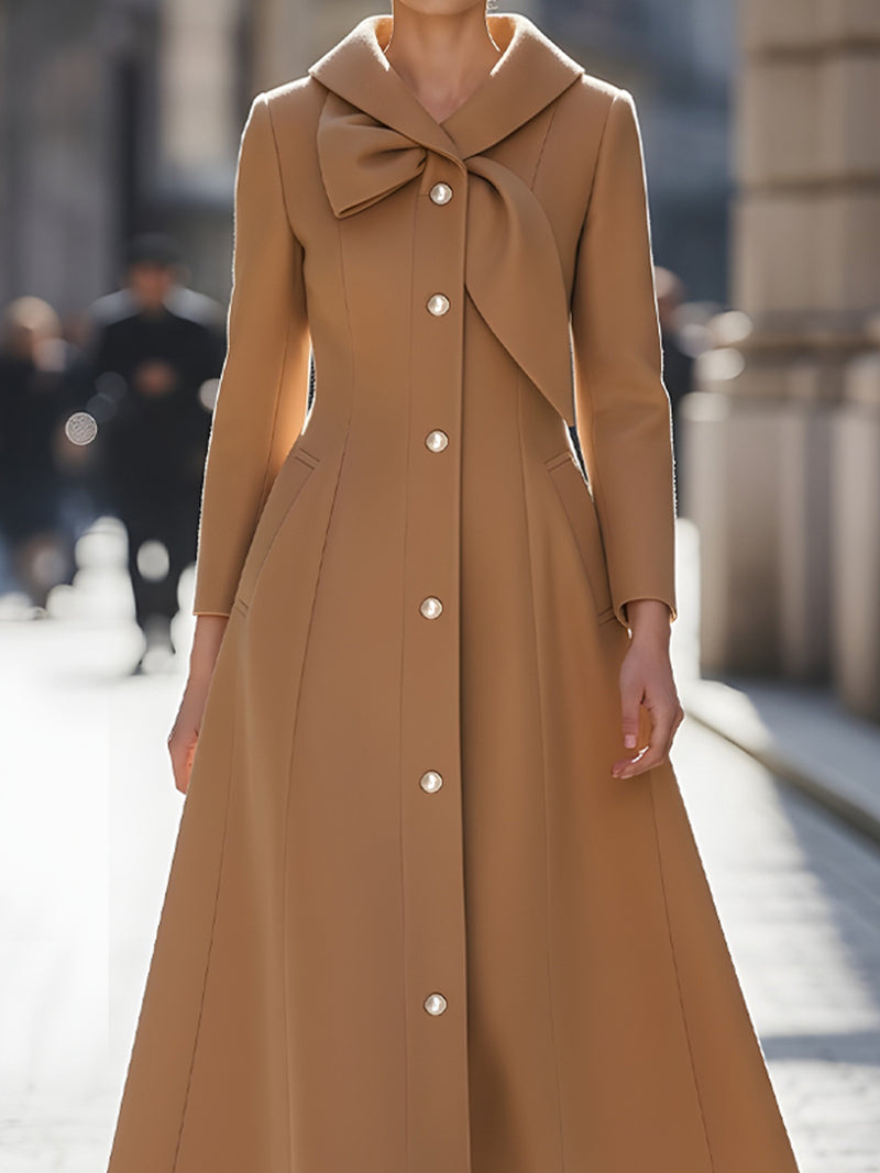 Camel Midi Coat Dress With Oversized Bow Collar