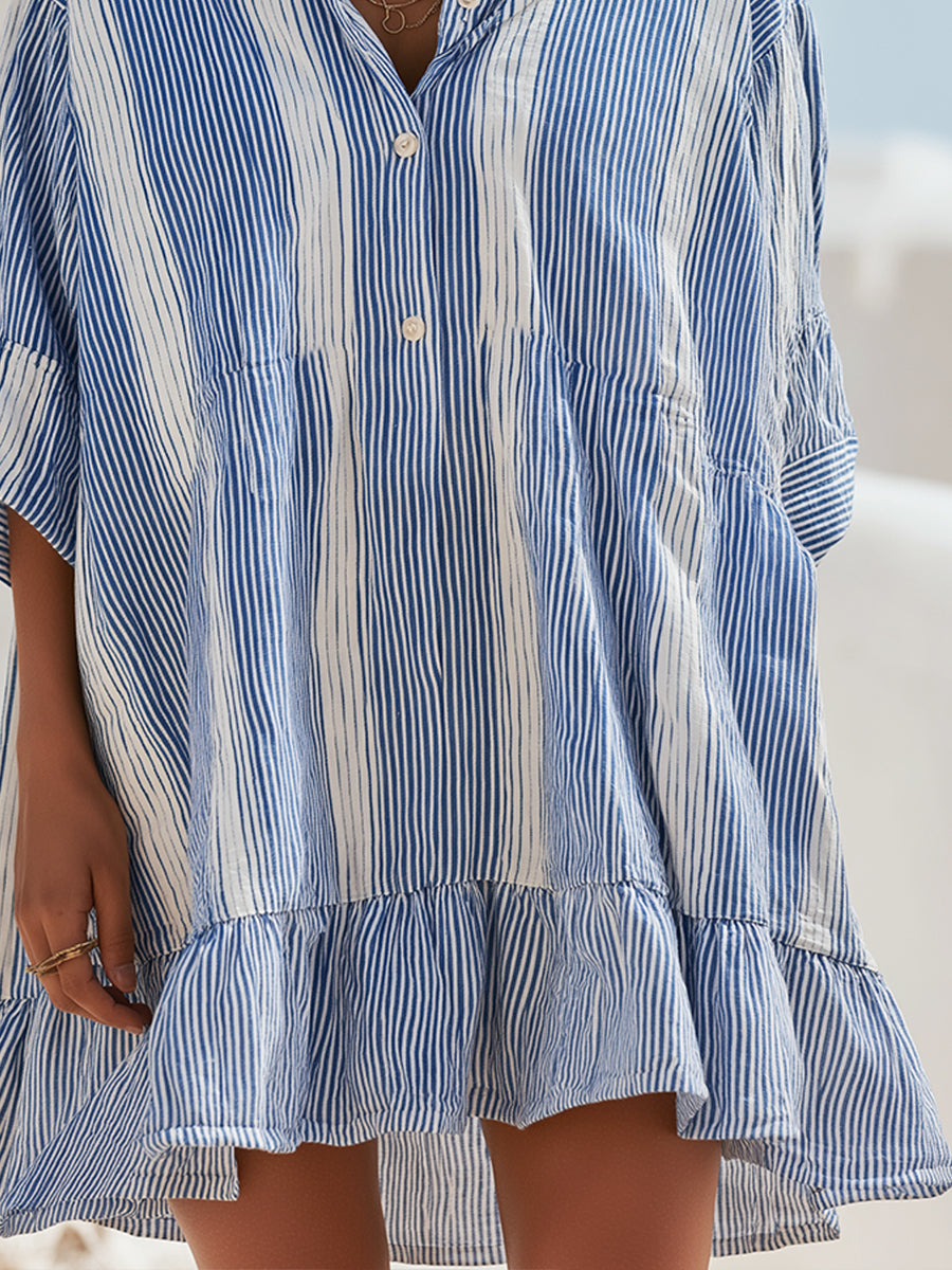 Striped Button-Front Ruffle Hem Shirt Dress