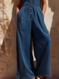 Sleeveless Button-Front Denim Wide-Leg Jumpsuit
