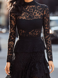 Black Lace Maxi Dress With Ruffled Skirt And Sheer Sleeves
