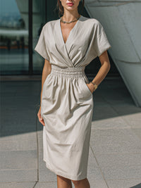 Draped V-Neck Smocked Waist Midi Dress