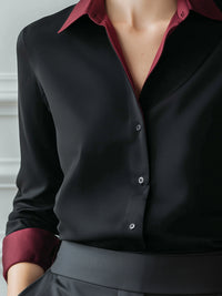 Button-Front Blouse With Burgundy Contrast Collar & Cuffs