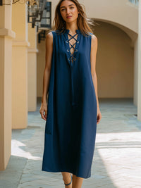 Lace-Up Sleeveless Midi Shift Dress