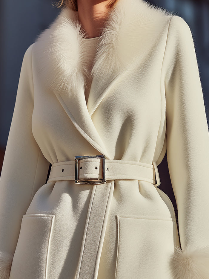 White Faux Fur Trim Belted Coat