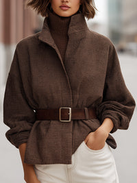 Textured Brown Belted Jacket With High Collar