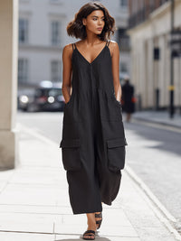 Double-Strap V-Neck Cargo Wide-Leg Jumpsuit