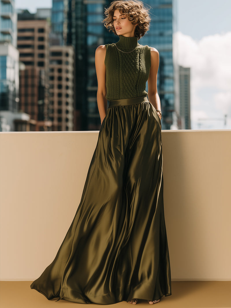 Olive Knit High-Neck Top & Satin Maxi Skirt Set