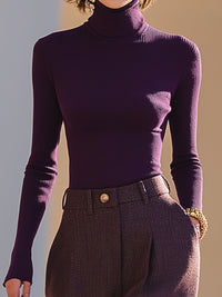 Eggplant Purple Ribbed Knit Turtleneck Top And Matching High-Waisted Wide-Leg Pants Set