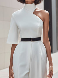 Asymmetric One-Shoulder Tailored Wide-Leg Jumpsuit