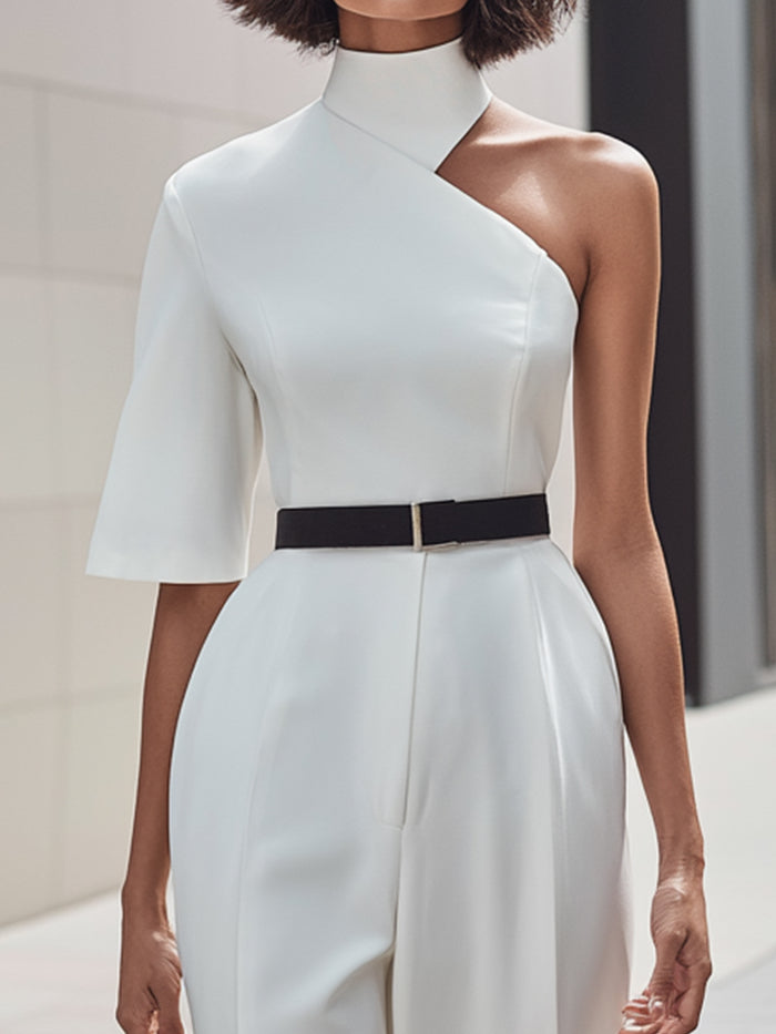 Asymmetric One-Shoulder Tailored Wide-Leg Jumpsuit