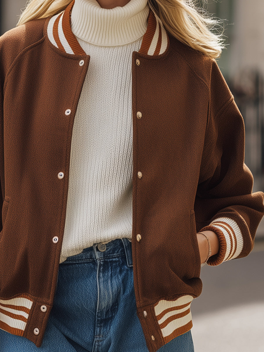 Brown Varsity-Style Bomber Jacket