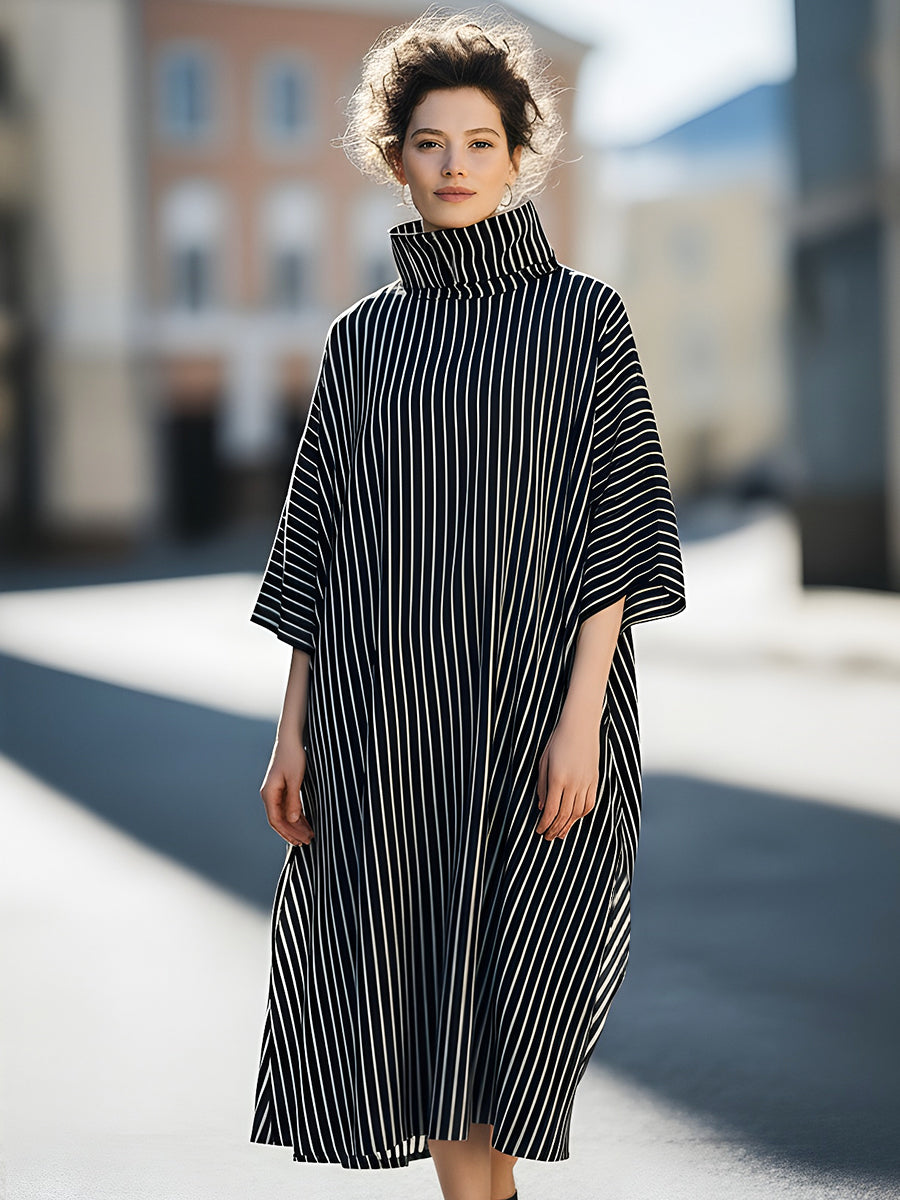 Vertical Stripe High-Neck Oversized Midi Dress