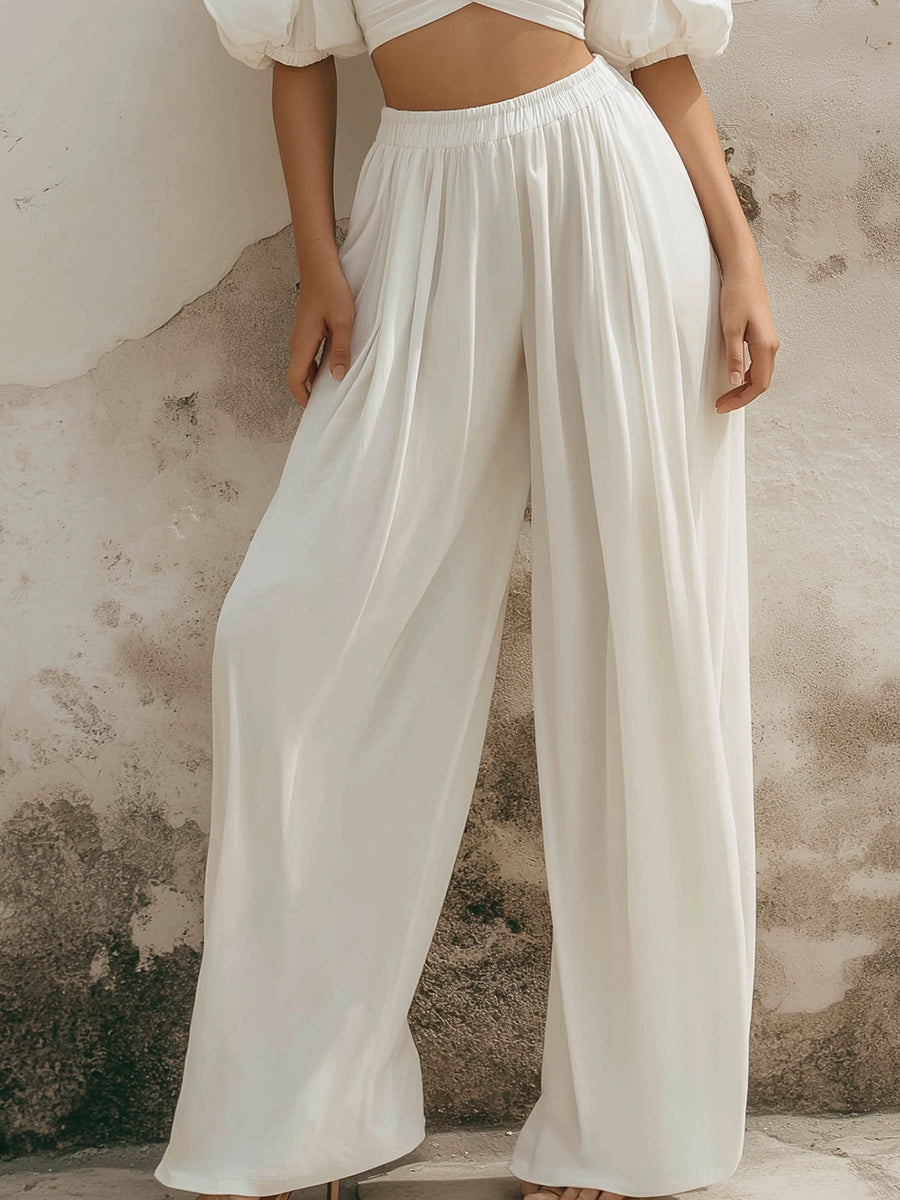 Chic V-Neck Puff Sleeve Crop Top & Flowing Wide-Leg Pants Two-Piece Set