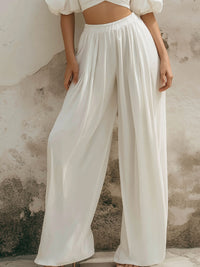 Chic V-Neck Puff Sleeve Crop Top & Flowing Wide-Leg Pants Two-Piece Set