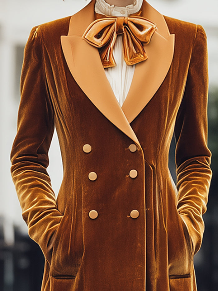 Vintage-Inspired Velvet Double-Breasted Long Coat