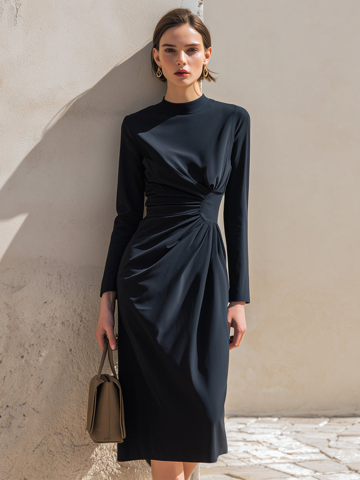 Navy Draped Long-Sleeve Midi Dress With Sculpted Waist