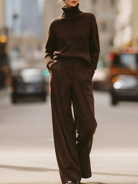 Chocolate Brown Turtleneck Sweater And Wide-Leg Pants Set