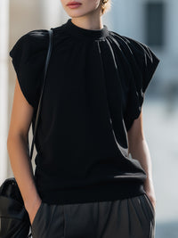 Black Pleated High-Neck Cap Sleeve Knit Top
