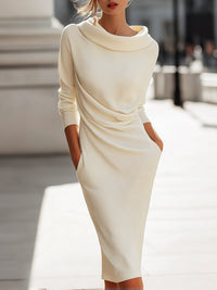 Ivory Rib Knit Drape Neck Midi Dress