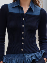 Dual-Texture Denim Collar Knit Button-Up Top