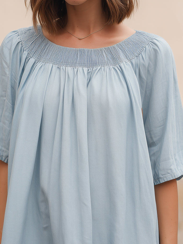 Smocked Neck Short Sleeve Relaxed Blouse