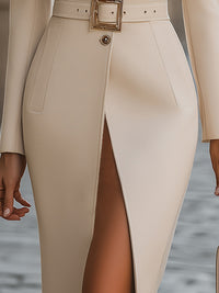 Belted Structured Blazer Dress With Slit