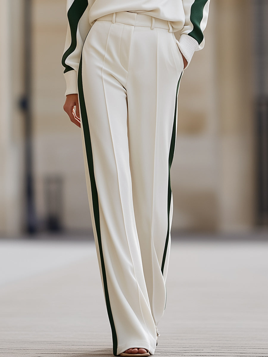 Luxury Curved-Stripe Turtleneck Top & Wide-Leg Trouser Set