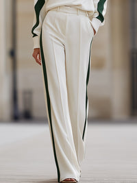 Luxury Curved-Stripe Turtleneck Top & Wide-Leg Trouser Set