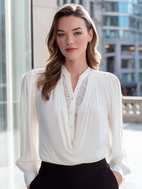 Ivory Drape-Front Blouse With Lace Detail