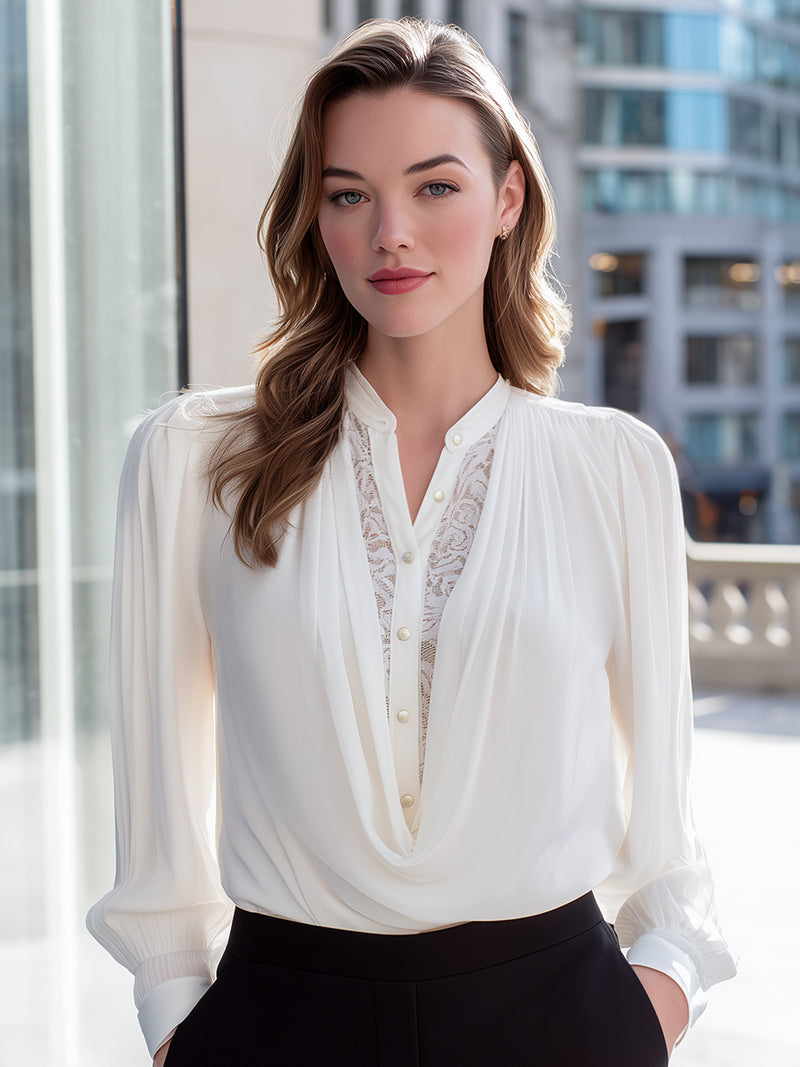 Ivory Drape-Front Blouse With Lace Detail