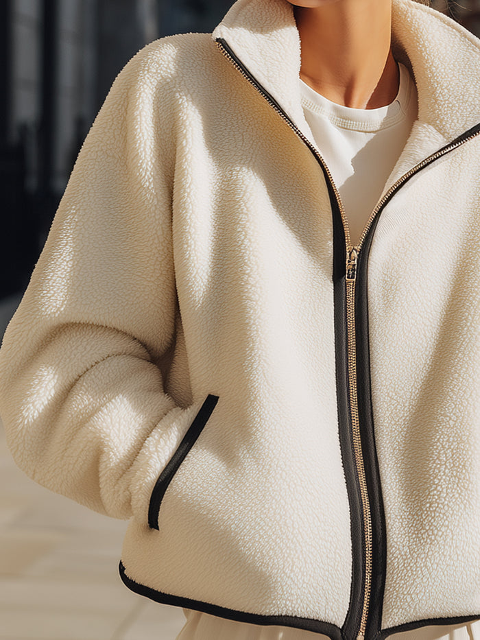 Cream Zip-Up Fleece Jacket With Contrast Trim