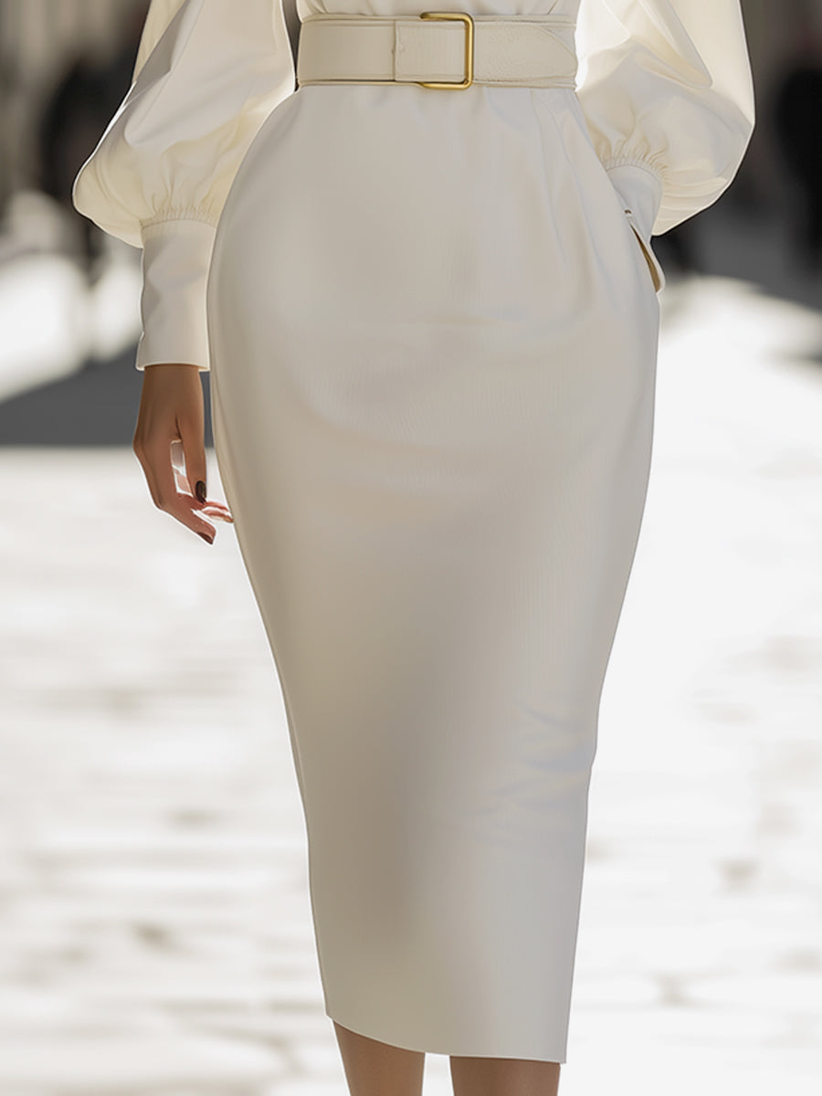 Ivory High-Neck Belted Midi Dress